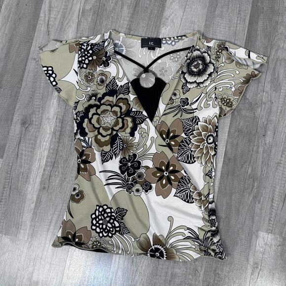 Y2K Brown Floral Faux Wrap Top Retro Boho Print Short Sleeve O-Ring Medium - Picture 6 of 7